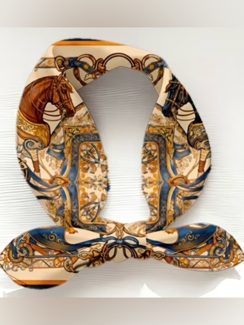 Elegant Cream and Blue Horse Print Silk Scarf
